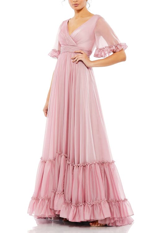 Mac Duggal Romantic Ruffled Butterfly Sleeve Gown With Wrap-over V-neck And Tiered Skirt In Rose