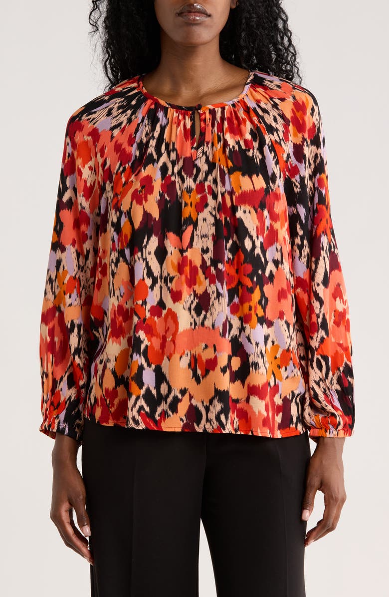 Liverpool Floral Long Sleeve Shirred Woven Top, Main, color, Burnt Orange Floral