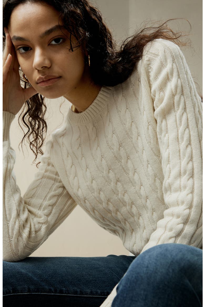 Women's Classic Cable Knit Sweater with Ribbed Edges, Alternate, color, White