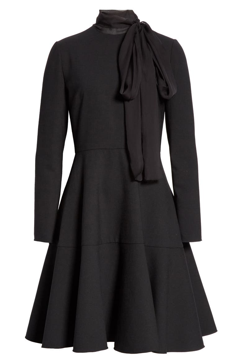 Tie Neck Long Sleeve Fit & Flare Dress, Alternate, color, NERO