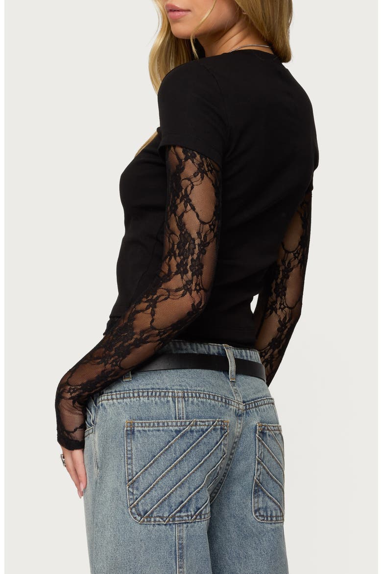 Layered Lace Sleeve T-Shirt, Alternate, color, BLACK