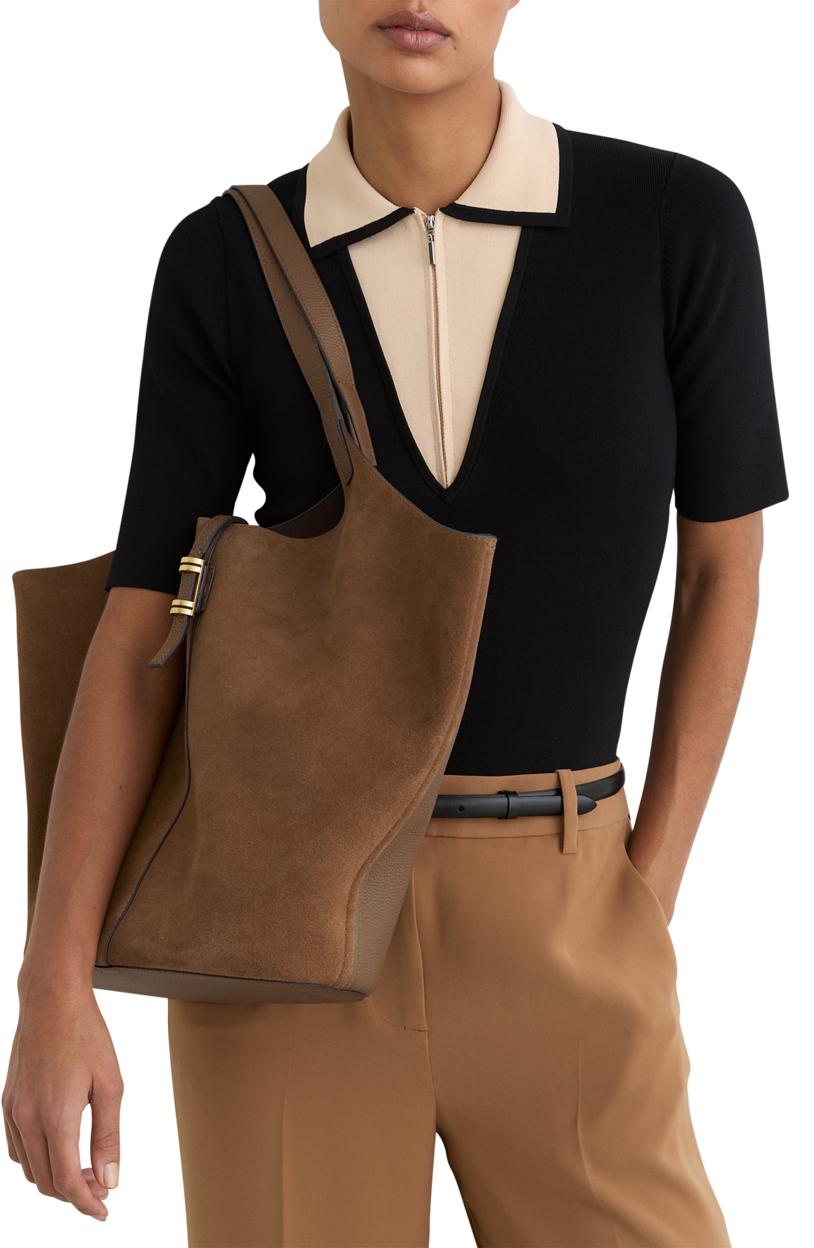 Reiss Lyra Leather & Suede Tote, Alternate, color, Tan