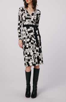 Luella Crossword Print Long Sleeve Merino Wool Wrap Dress