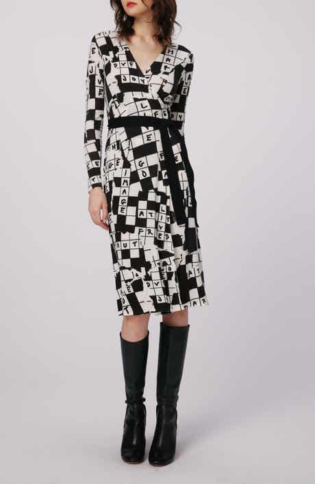 Luella Crossword Print Long Sleeve Merino Wool Wrap Dress