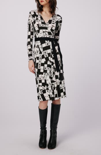 Dvf Luella Crossword Print Long Sleeve Merino Wool Wrap Dress In Black