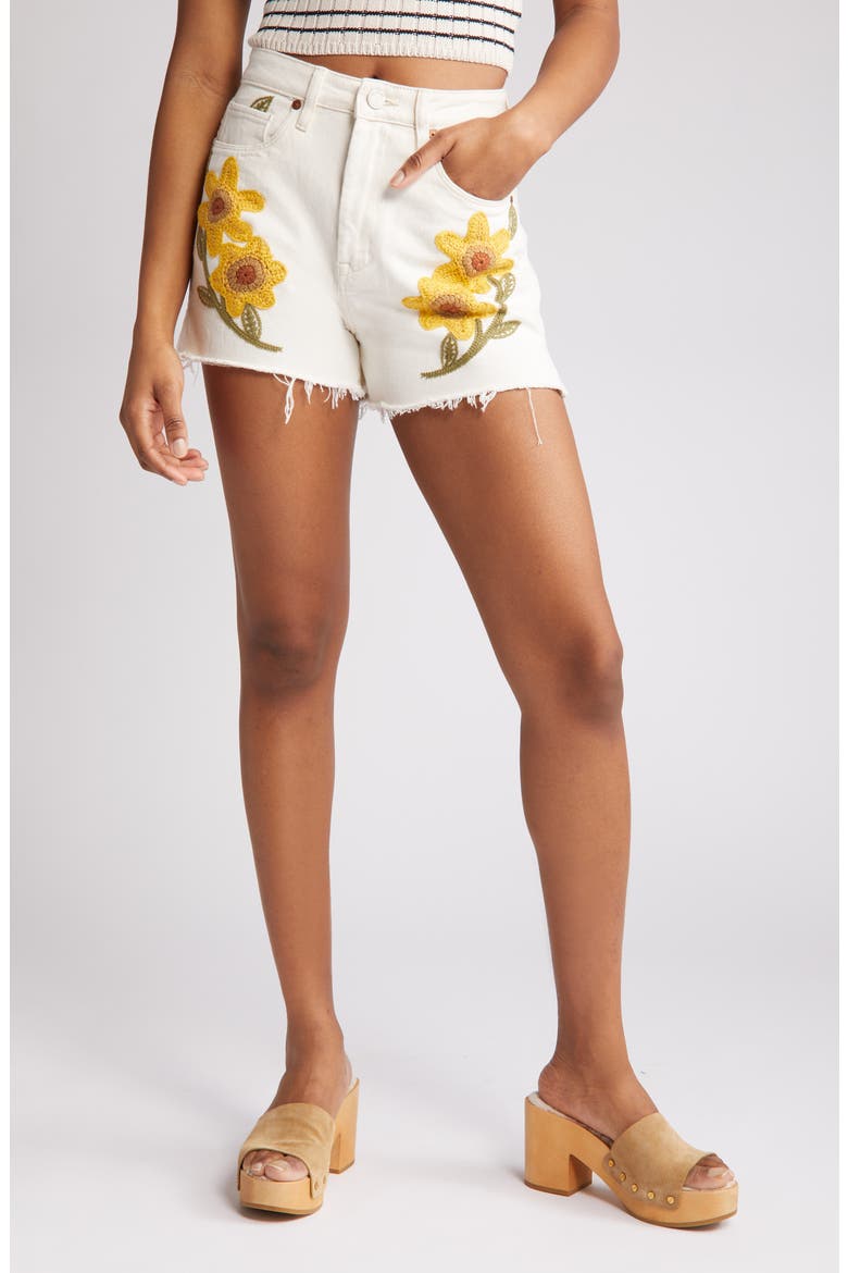 Sunflower Crochet Embroidered Denim Shorts, Alternate, color, RAY OF SUNSHINE