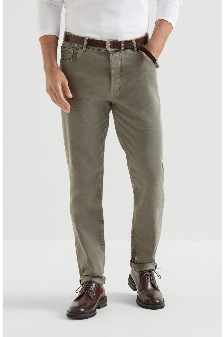 Garment-dyed comfort lightweight denim traditional fit five-pocket trousers, Main, color, Military