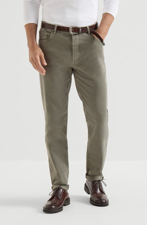 Garment-dyed comfort lightweight denim traditional fit five-pocket trousers