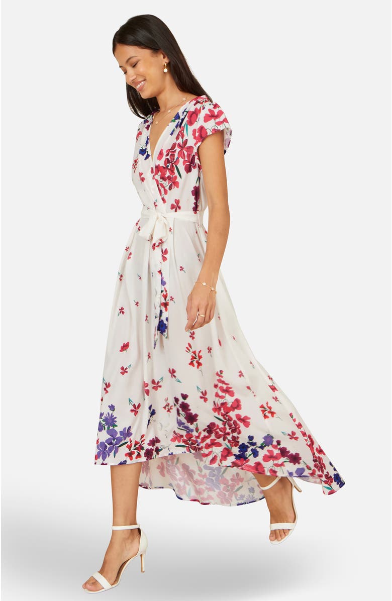 Yumi Floral Mirror Dip Hem Wrap Dress, Alternate, color, Ivory