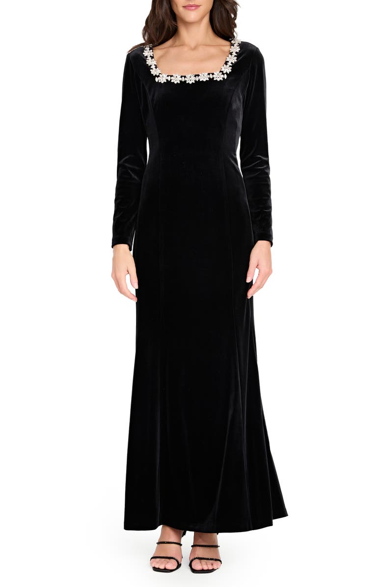 Tahari ASL Rhinestone Neck Long Sleeve Velvet Gown, Main, color, Black