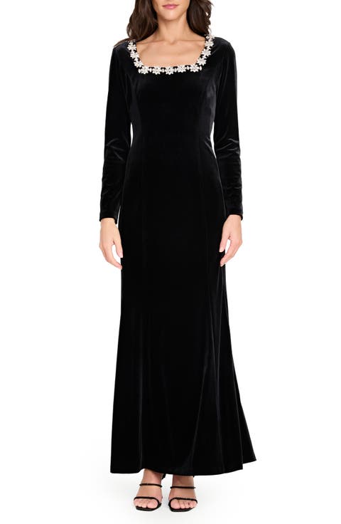 Rhinestone Neck Long Sleeve Velvet Gown