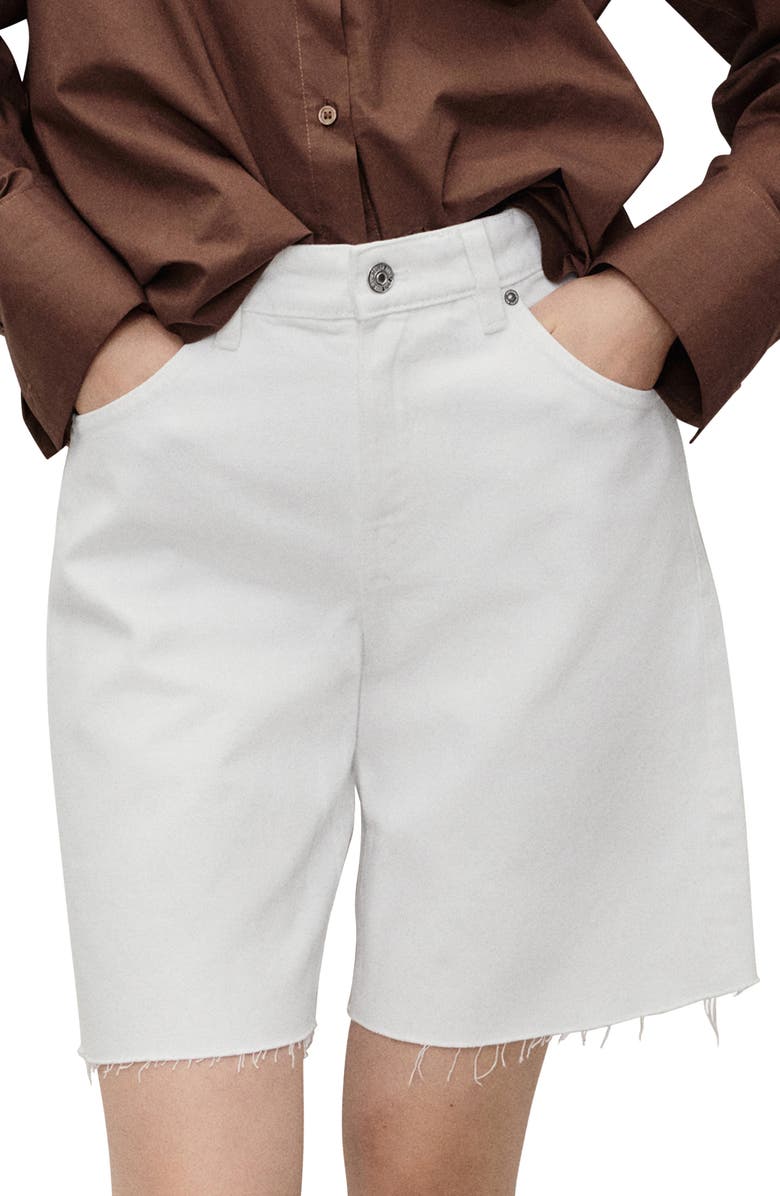 MANGO Frayed Denim Bermuda Shorts, Main, color, White