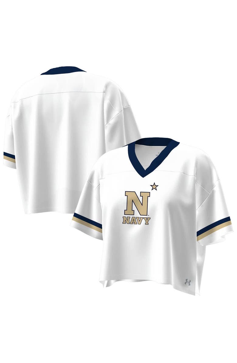 Under Armour Women's Under Armour White Navy Midshipmen Fashion Jersey Boxy Cropped V-Neck T-Shirt, Main, color, White
