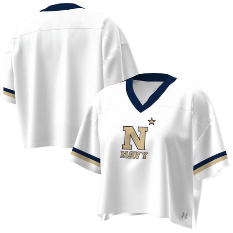 Women's Under Armour White Navy Midshipmen Fashion Jersey Boxy Cropped V-Neck T-Shirt