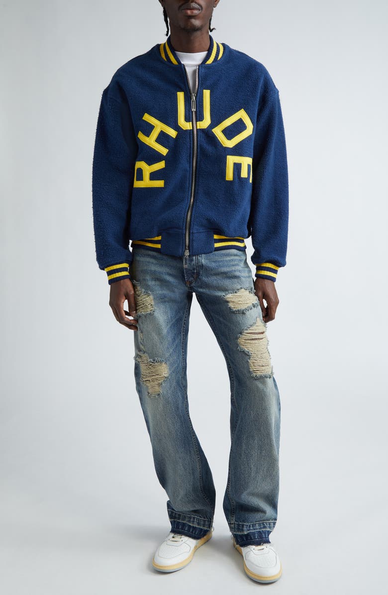 Rhude Oversize Logo Cotton Terry Varsity Jacket, Alternate, color,
