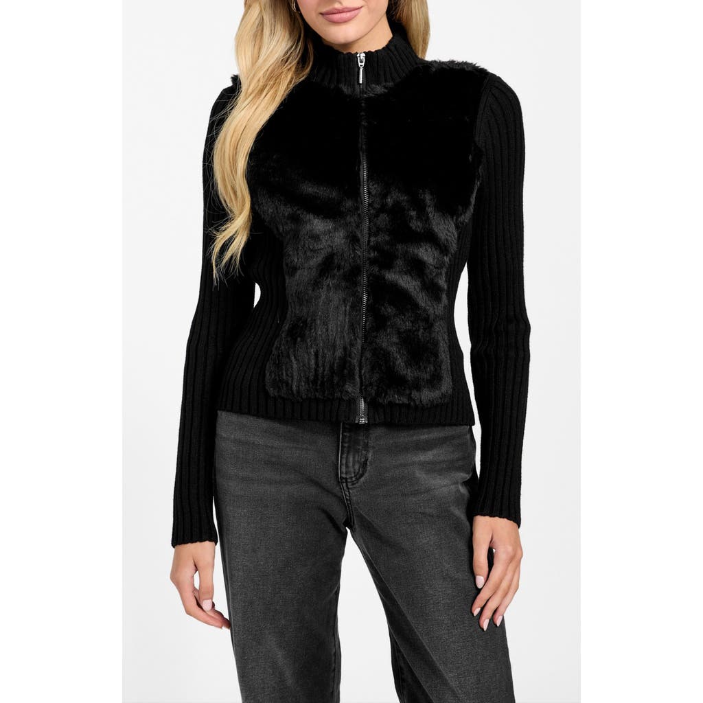 Guess Mila Mixed Media Faux Fur Cardigan In Black