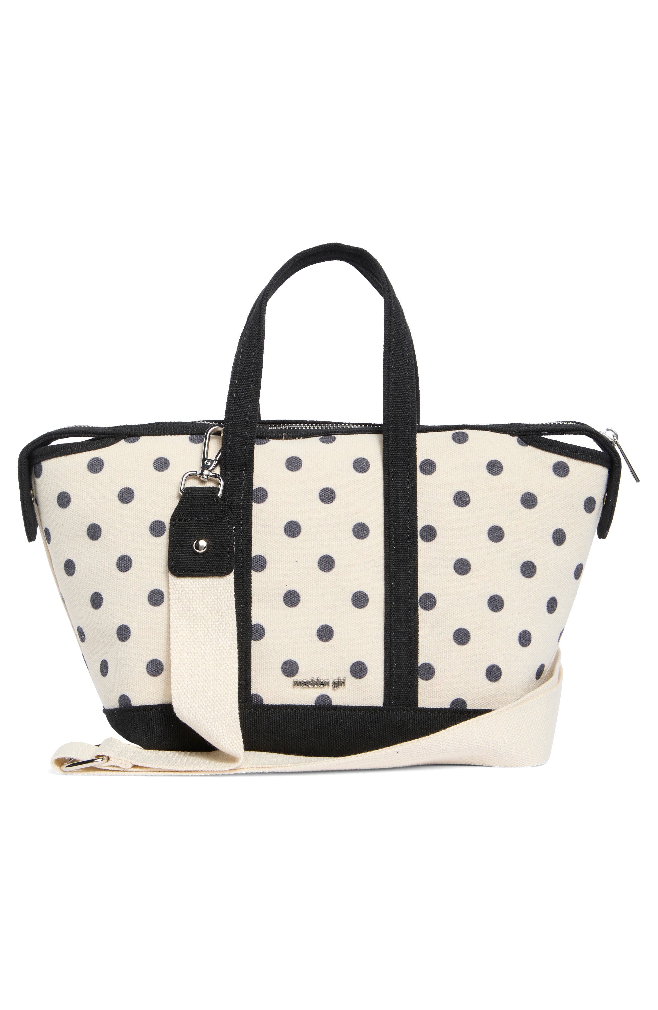 Madden Girl Mini Canvas Tote, Alternate, color, Natural/ Black Polka Dot
