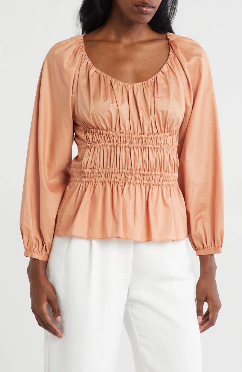 Rebecca Taylor Smocked Peplum Top, Main, color, Dusty Coral