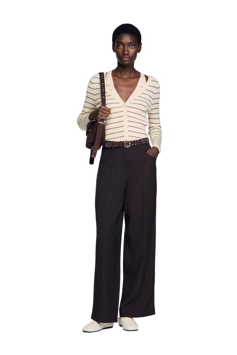 Striped ribbed cardigan, Alternate, color, Ecru / brown
