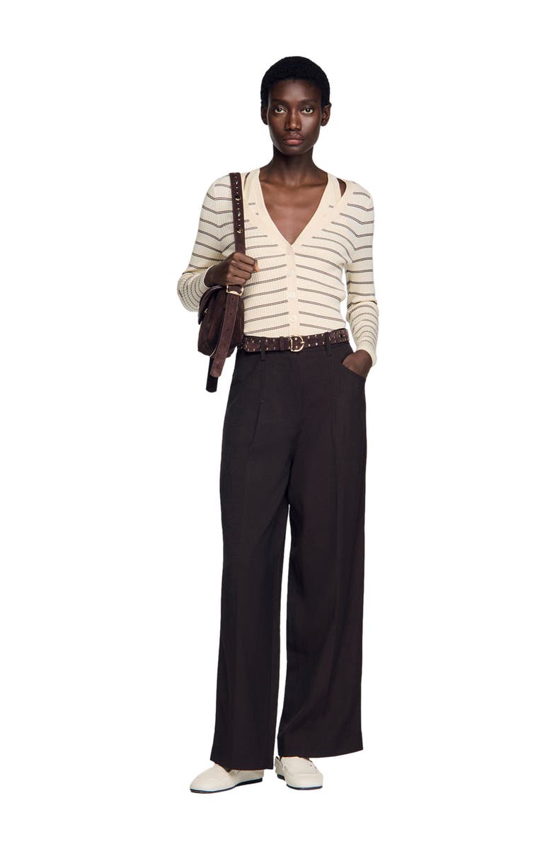 SANDRO Striped ribbed cardigan, Alternate, color, Ecru / Brown