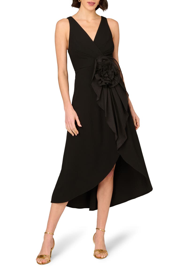 Floral Detail Crepe Cocktail Dress, Main, color, BLACK