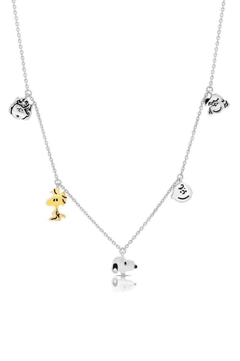 x Peanuts® Snoopy & the Gang Charm Necklace, Main, color, PURE PLATINUM / CLEAR STONE