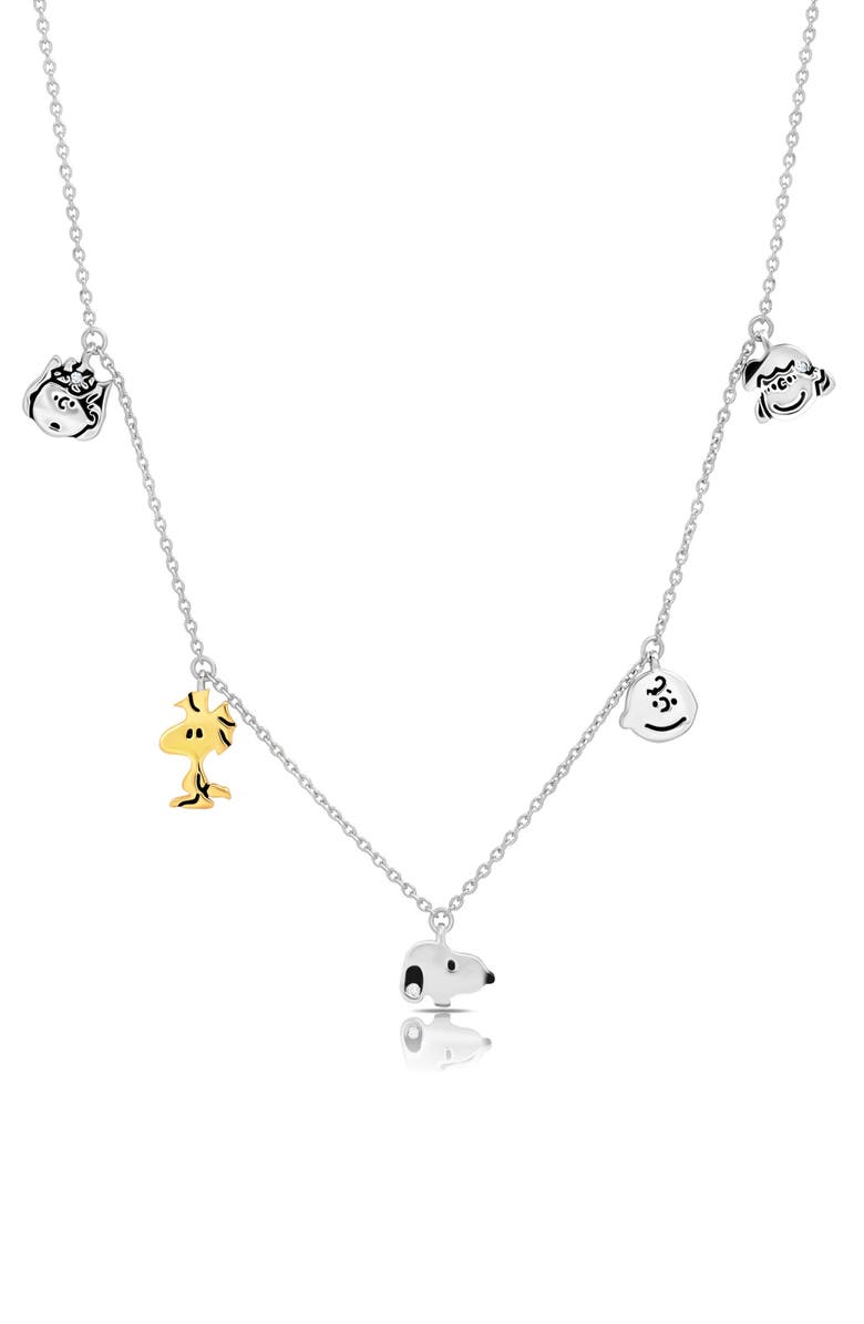 Crislu x Peanuts<sup>®</sup> Snoopy & the Gang Charm Necklace, Main, color, Pure Platinum / Clear Stone