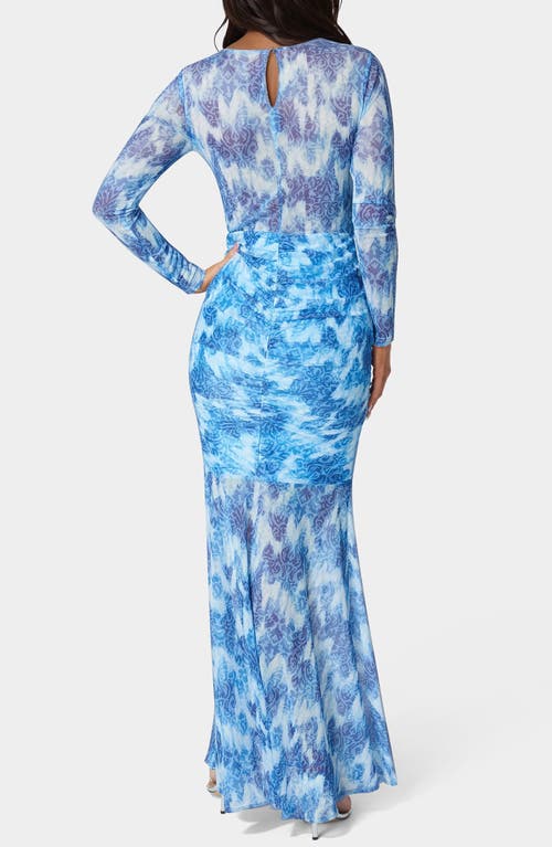 Bebe Floral Long Sleeve Mesh Mermaid Gown In Blue