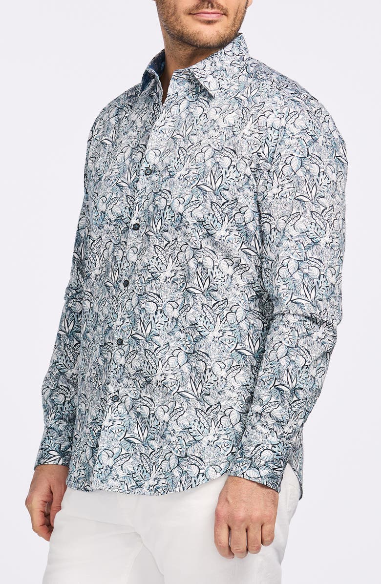 Robert Graham Frond Print Cotton Button-Up Shirt, Alternate, color, Teal