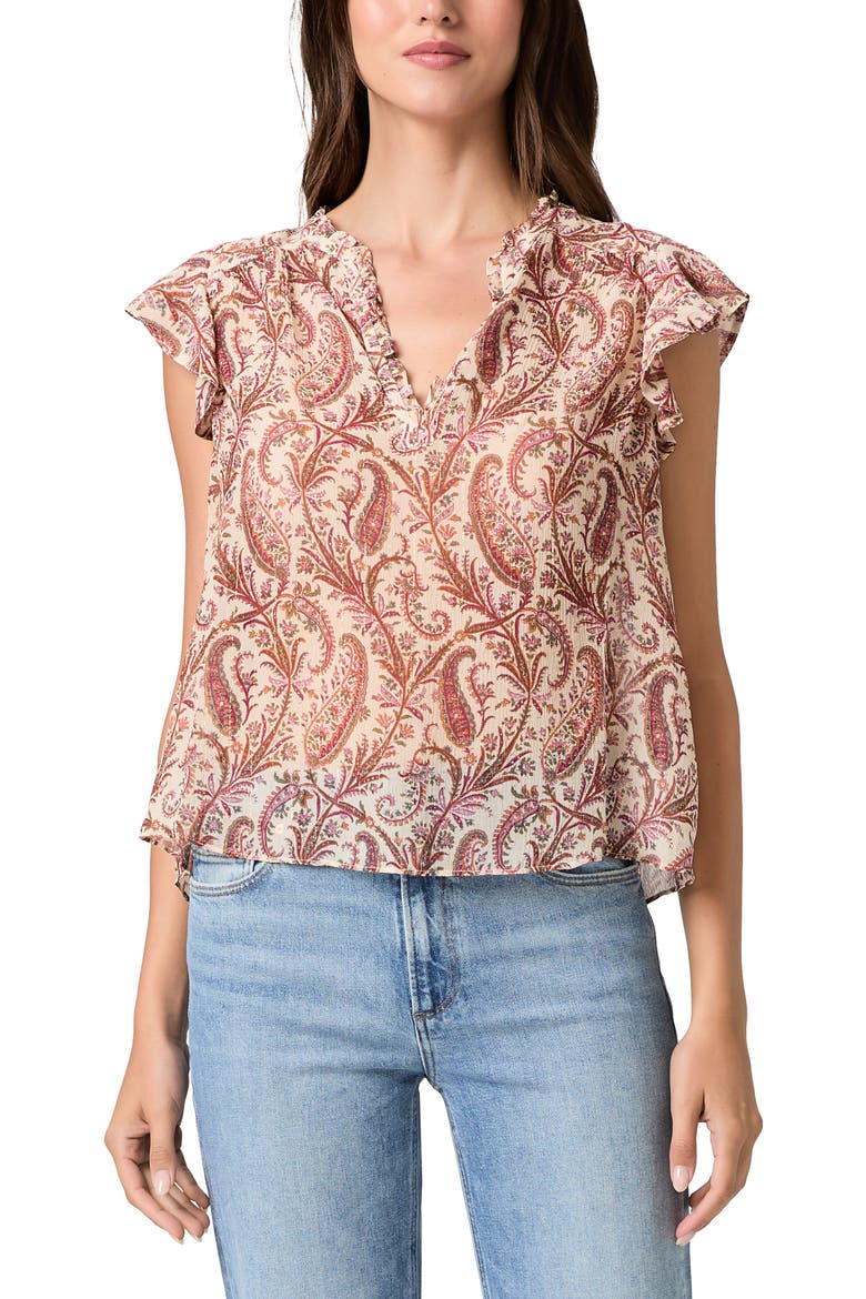 Cornelia Flutter Sleeve Silk Top, Main, color, ANTIQUE WHITE MULTI