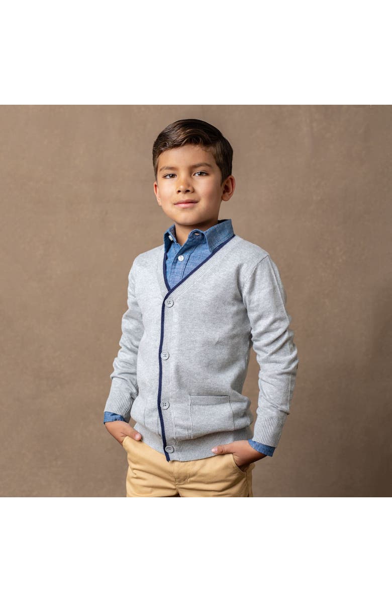 Hope & Henry Boys' Organic Tipped Cardigan with Elbow Patches, Kids, Alternate, color, Light Grey
