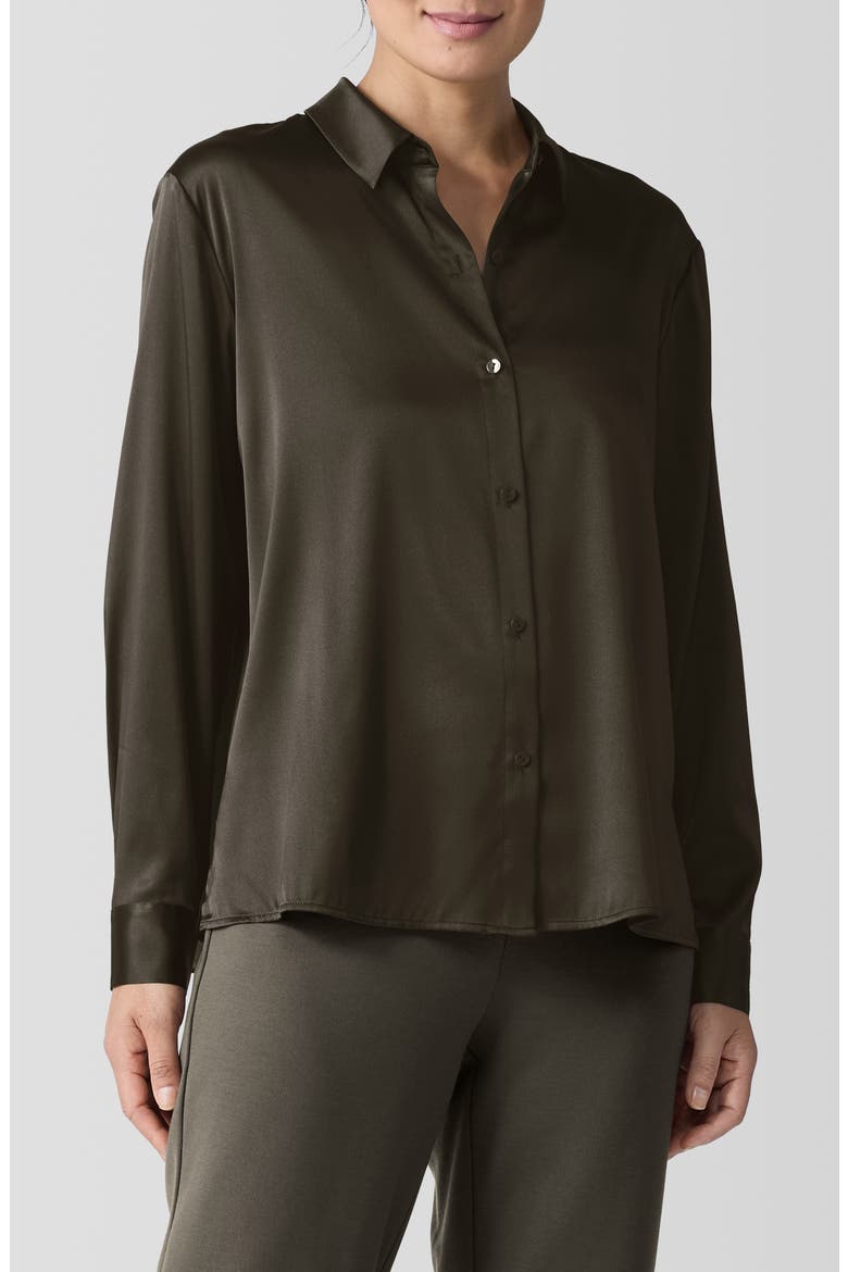 Classic Collar Stretch Silk Button-Up Shirt, Main, color, WREN