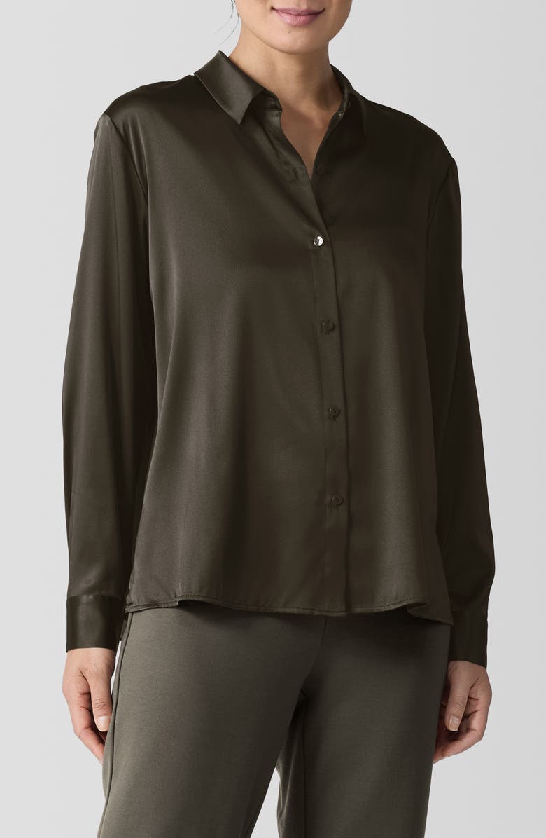 Eileen Fisher Classic Collar Stretch Silk Button-Up Shirt, Main, color, 