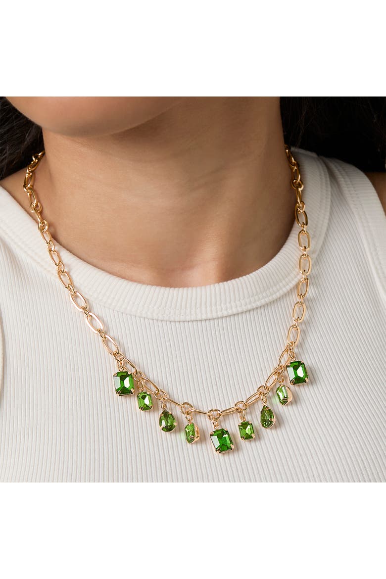 Green Gem Drop Charm Necklace in Gold-Tone Chain, Alternate, color, Green