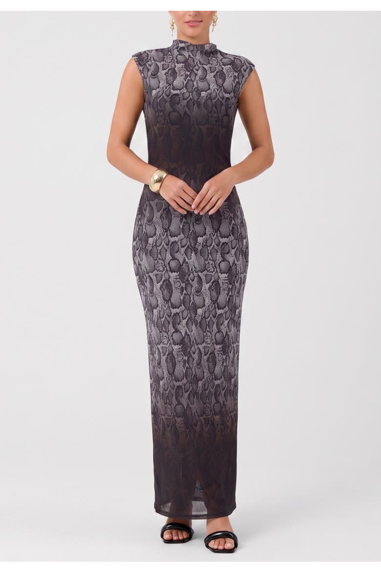 Coco Mock Neck Mesh Midi Dress, Main, color, Brown Snake