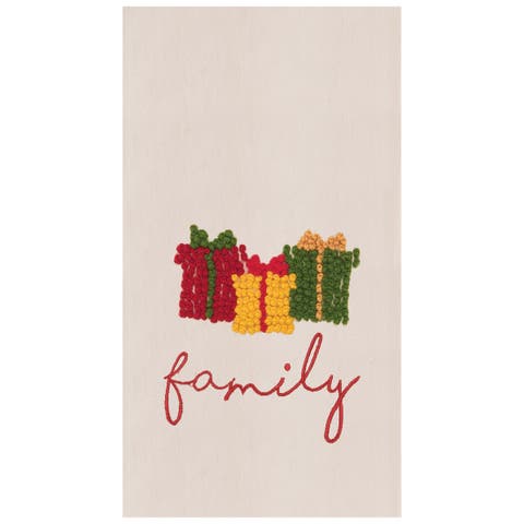Christmas Presents "Family" French Knot Embroidered Cotton Beaded Guest Dishtowel
