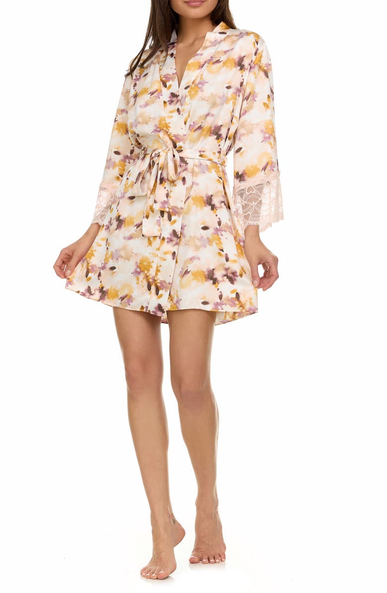 Flora By Flora Nikrooz Cindy Lace Trim Floral Satin Wrap Robe, Alternate, color, Ivory