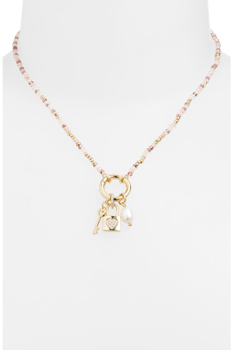 Gift Boxed Demi Fine Cubic Zirconia Bead Lock Charm Necklace, Alternate, color, BLUSH MULTI- GOLD
