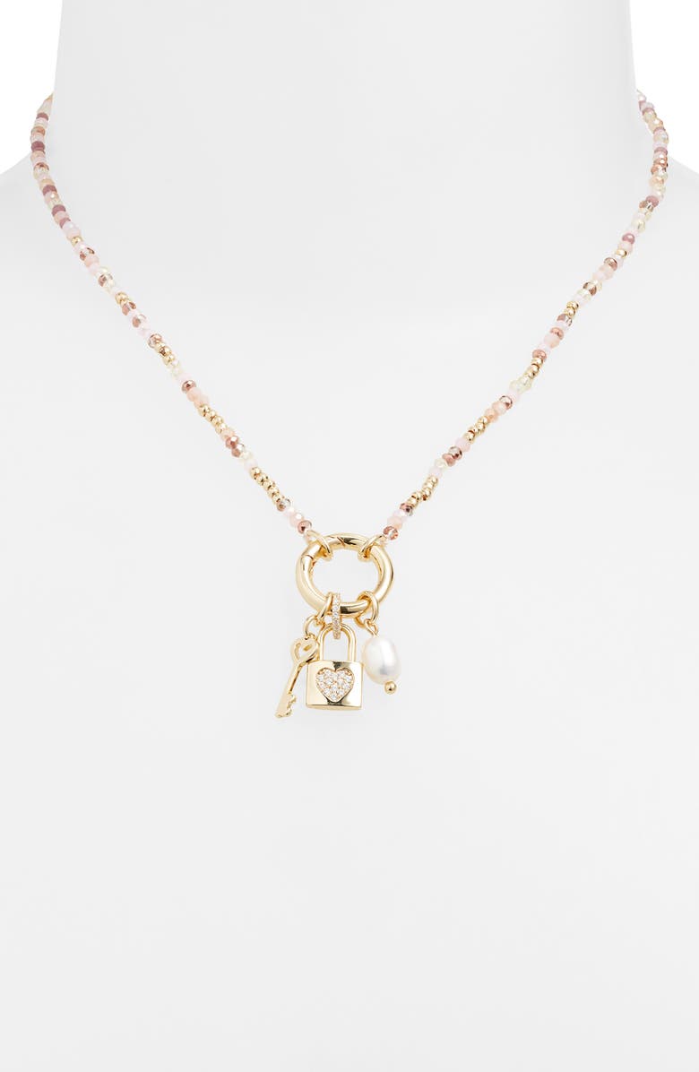 Chelsea28 Demi Fine Cubic Zirconia Bead Lock Charm Necklace, Alternate, color, Blush Multi- Gold