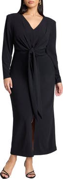 ELOQUII Shirred Strong Shoulder Tie Detail Dress