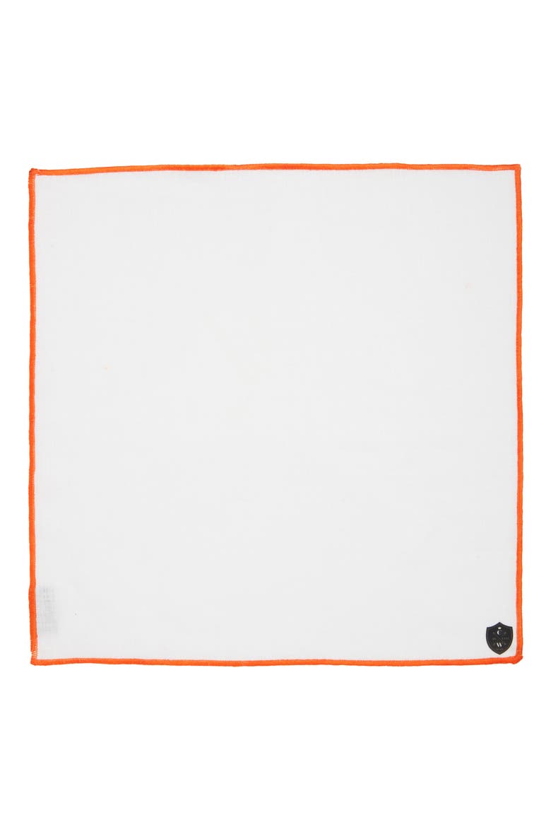 White Linen Pocket Square with Orange Trim, Alternate, color, WHITE/ ORANGE