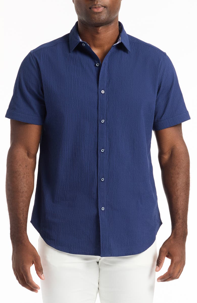 Robert Graham Harbor Short Sleeve Stretch Cotton Button-Up Shirt, Main, color, Navy
