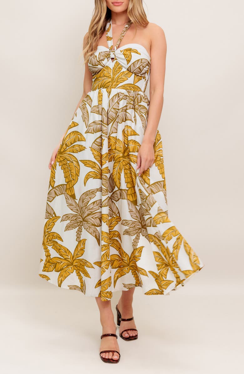 FLYING TOMATO Palm Tree Halter Neck Cotton Maxi Dress, Alternate, color,
