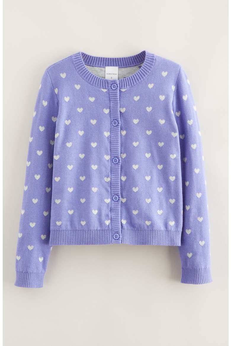 Kids' Heart Jacquard Cotton Cardigan, Main, color, PURPLE- GREY SWEET HEARTS