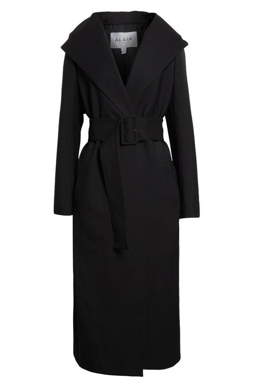 Alaïa Long Trench Coat With Leather Corset Belt In Noir Alaia