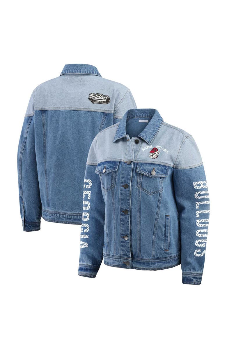 WEAR by Erin Andrews Women's WEAR by Erin Andrews Denim Georgia Bulldogs Sleeve Hit Colorblock Button-Down Denim Jacket, Main, color, Denim