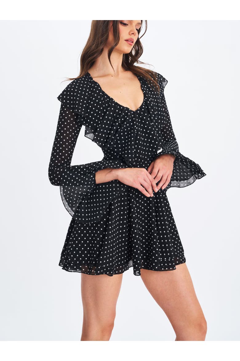 Omari Chiffon Polka Dot Ruffled Neckline Mini Dress, Alternate, color, Black Polka Dot