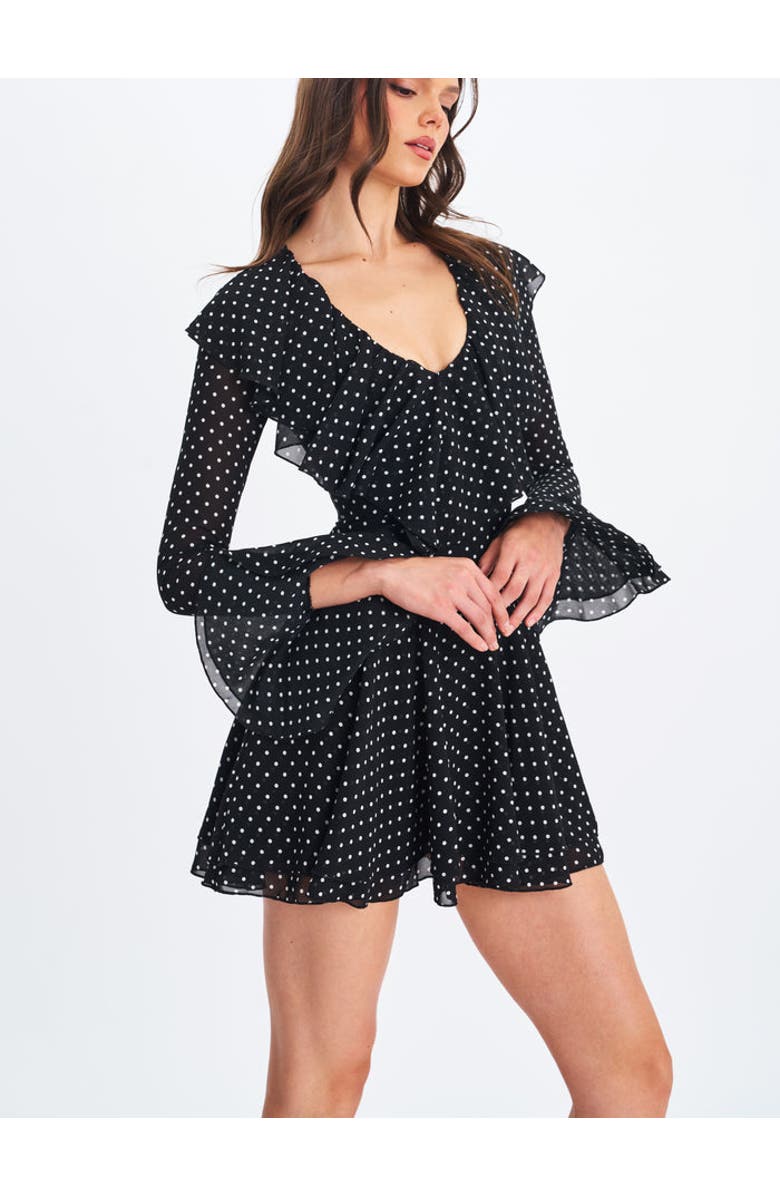 Miss Circle Omari Chiffon Polka Dot Ruffled Neckline Mini Dress, Alternate, color, Black Polka Dot