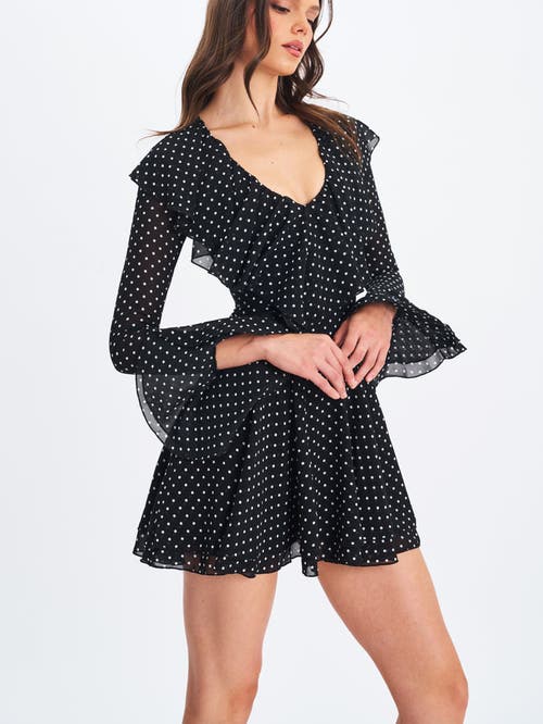 Miss Circle Omari Chiffon Polka Dot Ruffled Neckline Mini Dress In Black