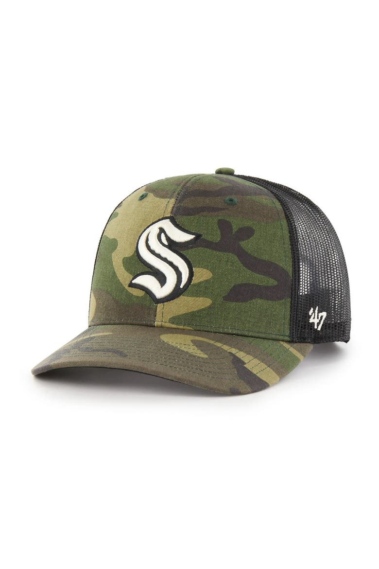 Men's '47 Camo/Black Seattle Kraken Trucker Snapback Hat, Main, color, Camo